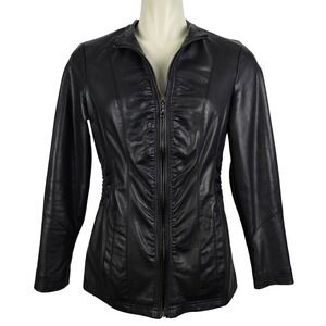 Cleo Petites Women's Faux Leather Moto Jacket Ruched Zip Biker Coat Black XS